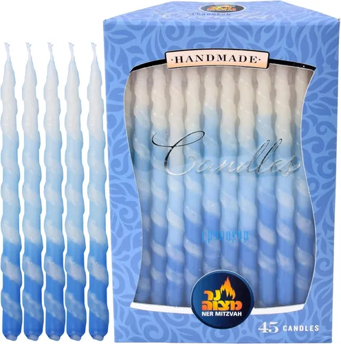 Ner Mitzvah Velas de Hanukkah, vela de Janucá en espiral azul y blanca, cera de alta calidad, 45 velas para las 8 noches