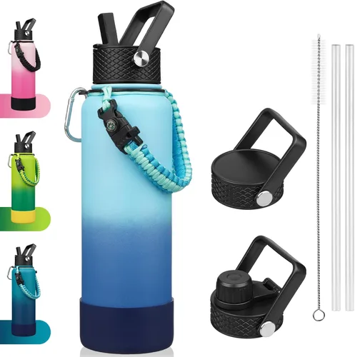 Vista 12 de BJPKPK - Botella de agua con tapa de popote, botellas de agua aisladas de 18 onzas con 3 tapas, asa de cuerda de paracaídas y base antideslizante