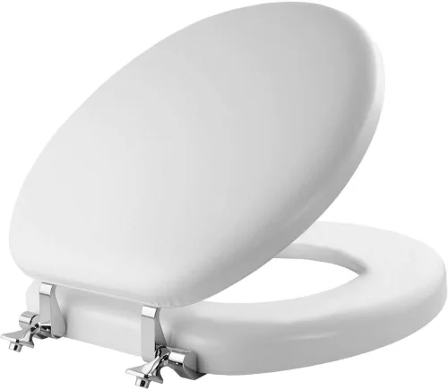 Vista 7 de Mayfair Asiento de inodoro acolchado con bisagras cromadas, asiento de vinilo suave sobre núcleo de madera, fabricado en Estados Unidos, alargado