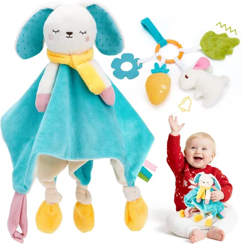 hahaland Manta de seguridad Baby Lovey, juguete sensorial colgante de felpa con mordedor, sonajero y arruga para bebés de 0 a 3 a 6 a 12 meses,