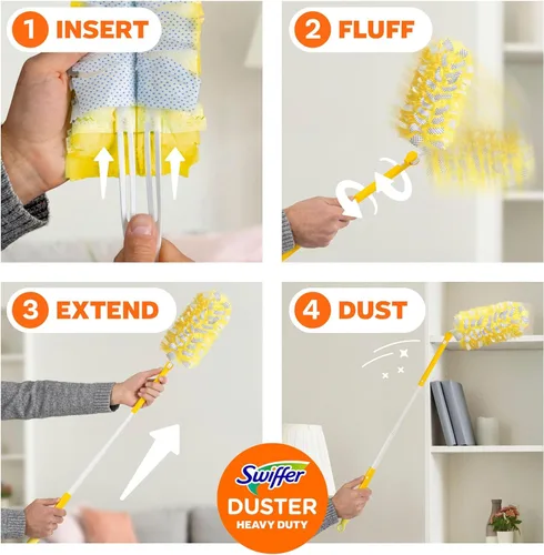 Vista 8 de Kit de Limpieza Swiffer Duster Heavy Duty, Suministros de Limpieza, Mango Extendido de 3 pies, 1 Plumero, 12 Repuestos