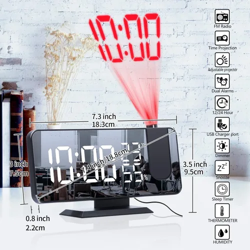 Vista 8 de Reloj despertador de proyección para dormitorio, techo digital, radio con puertos de carga USB, proyector giratorio de 180°, 12/24H, repetición