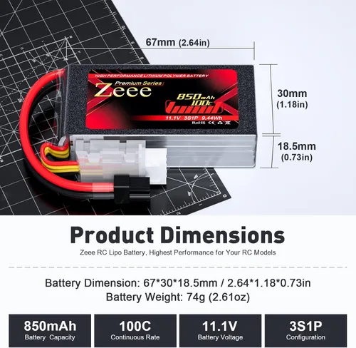 Zeee Serie Premium 3S Lipo Batería 850mAh 11.1V 100C con enchufe XT30 para FPV Racing Drone Quadcopter Helicóptero Avión RC Barco RC Car RC Modelos