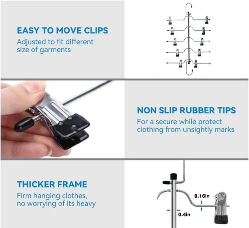 Vista 3 de Perchas de metal de 5 niveles para faldas para mujer, percha para pantalones, ahorro de espacio con clips ajustables antideslizantes, perchas