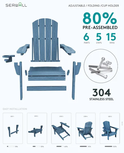 Vista 9 de SERWALL Juego de 5 piezas con silla Adirondack ajustable, puf otomano y mesa, negro