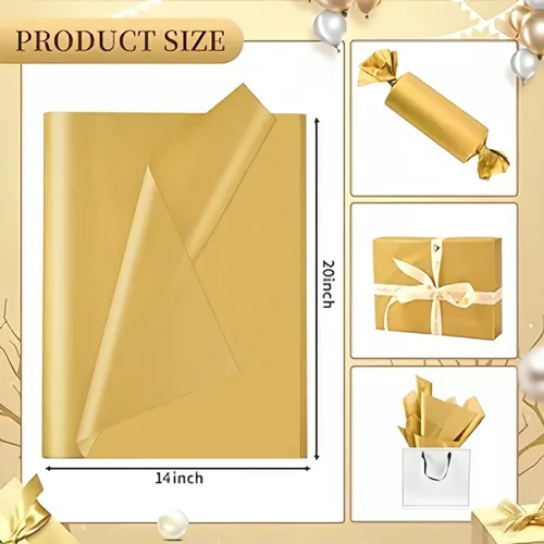 Vista 2 de Papel de seda dorado para bolsas de regalo, 30 hojas de papel de seda de regalo dorado, papel de embalaje a granel para bodas, cumpleaños, proyectos