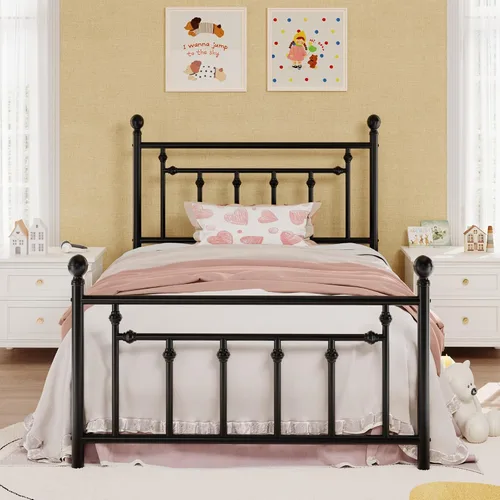 Vista 11 de SHA CERLIN Marco de cama de plataforma de metal de tamaño matrimonial de 14 pulgadas, cabecera y estribo victorianos/base de colchón de listones