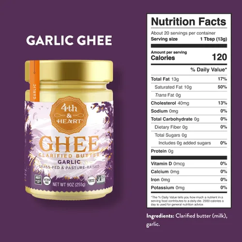 Vista 2 de 4th & Heart California Garlic Ghee alimentado con pasto, mantequilla clarificada, sustituto de mantequilla 1:1, criado en pastos, sin lactosa