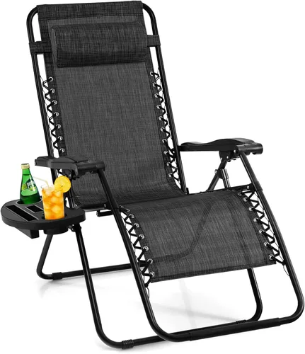 Vista 9 de Giantex Zero Gravity - Silla reclinable para patio al aire libre con portavasos y almohada extraíble, respaldo ajustable, silla de salón