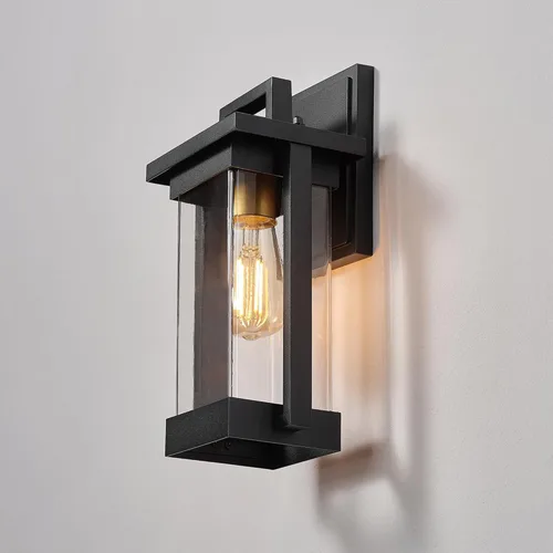 Vista 5 de Globe Electric 60000028 Aplique de pared para exteriores de 1 luz, negro mate, acento de latón, pantalla de vidrio transparente con semillas