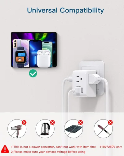 Vista 5 de 1 Paquete Adaptador de Enchufe de Viaje Europeo, Adaptador de Enchufe de Corriente Italia España con 3 Tomas, 3 Puertos de Carga USB (1 USB C)