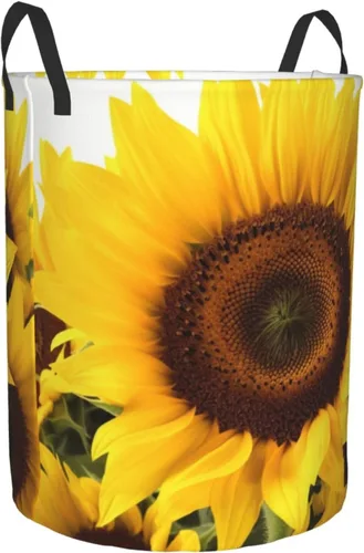 Vista 2 de Cesta circular con estampado de girasol, impermeable, organizador de almacenamiento, cesta de lavandería con asas para ropa, juguetes, pequeña