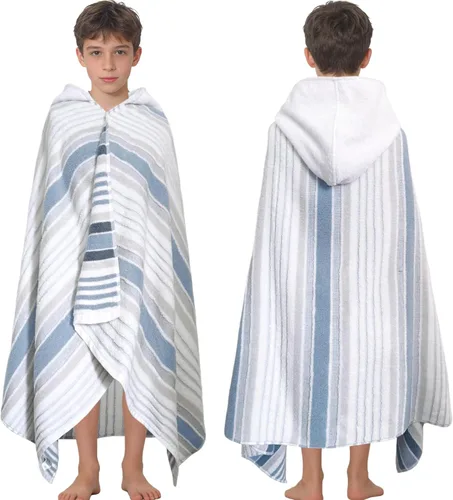 Vista 11 de VOOVA & MOVAS Poncho toallas para niños (4-8 años), de secado rápido, ligeras, absorbentes, de algodón, con capucha, bata para piscina, natación