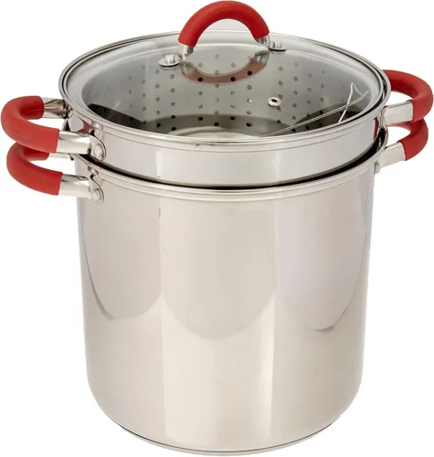 EXCELSTEEL Olla para pasta multifunción de acero inoxidable de 12 cuartos con base encapsulada, tapa de vidrio ventilada y asas cubiertas de