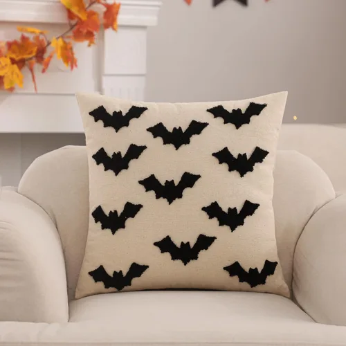 Vista 8 de Juego de 2 fundas de almohada de Halloween de 16 x 16 pulgadas con bordado de murciélagos 3D negros, fundas de almohada de Acción de Gracias, fundas