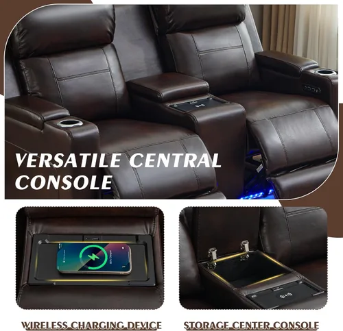 Vista 4 de Juego de sofá reclinable eléctrico con reposacabezas, asientos de cine en casa con luz LED, almacenamiento de reposabrazos, USB y tipo C, sofá