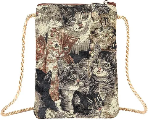 Signare Mini bolso cruzado de tapiz para mujer, para teléfono, bolsa para teléfono celular, bolsa para teléfono inteligente, diseño de gato