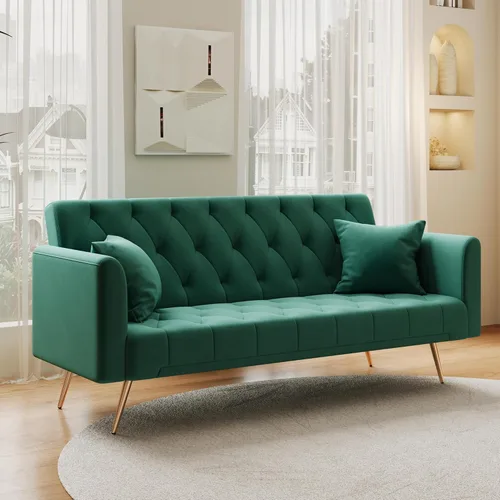 Vista 11 de Sofá cama moderno de terciopelo de 72 pulgadas, sofá cama plegable convertible con 3 respaldos ajustables, sofá biplaza reclinable copetudo