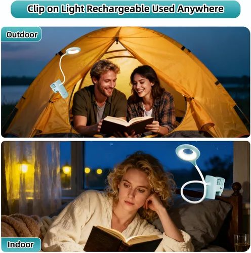 Vista 7 de Akynite Lámpara de escritorio LED con clip, 5 modos, 5 brillos regulables, luz de abrazadera regulable, batería recargable, lámpara de lectura