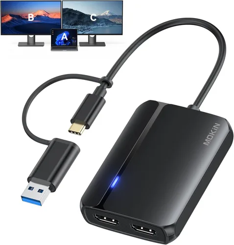 MOKiN Divisor HDMI para monitores duales, divisor HDMI de 4K a 30 Hz, pantalla extendida para macOS/Windows, adaptador USB C/USB A 3.0 a HDMI dual