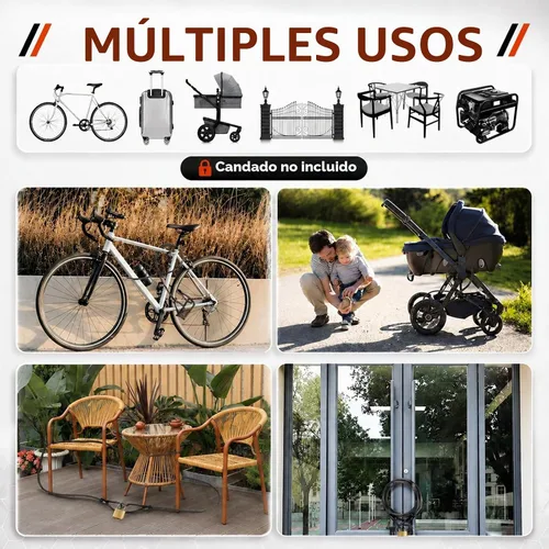 Vista 7 de Cable de seguridad para bicicleta con bucles, cable de bloqueo resistente de 3/8 pulgadas (0.394 in), cadena de seguridad de acero recubierto
