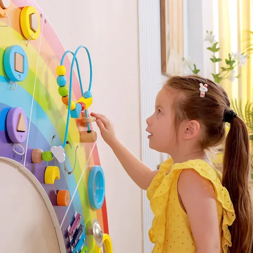Vista 3 de SPARK & WOW Paneles de pared de actividades de arcoíris y avión – Edades 18 meses – Juguete de pared sensorial Montessori – 16 actividades – Tablero