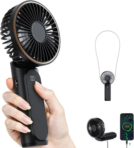 TUNISE Ventilador de Mano Portátil Recargable, Ventilador Portátil de 4000mAh, Ajustable 180°, 6 Velocidades de Viento, Pantalla de Electricidad en