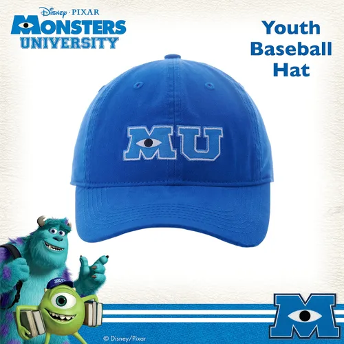 Vista 2 de Concept One Disney Pixar Monsters University MU - Sombrero de béisbol de algodón ajustable con gancho y lazo con ala curvada azul marino talla única