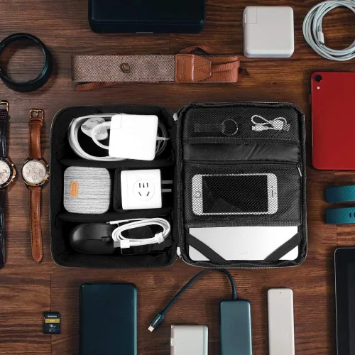 Vista 6 de Organizador de electrónica para viajes, bolsa organizadora de cables impermeable de doble capa, bolsa de almacenamiento de cables grande y a prueba