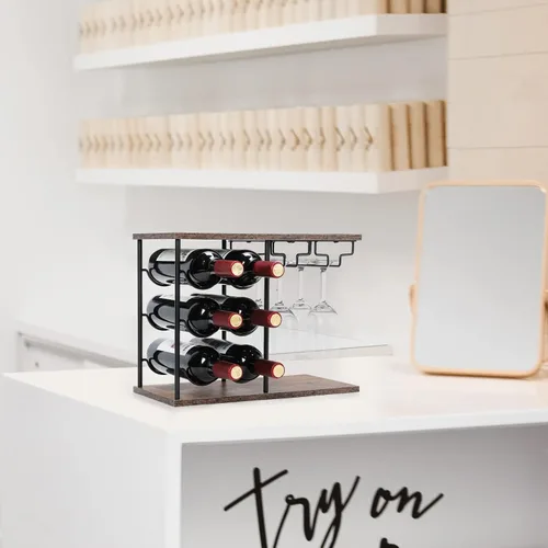 Vista 7 de MOOACE Estante de vino para encimera, estante independiente para botellas de vino con soporte para vidrio, soporte de vino de madera con bandeja