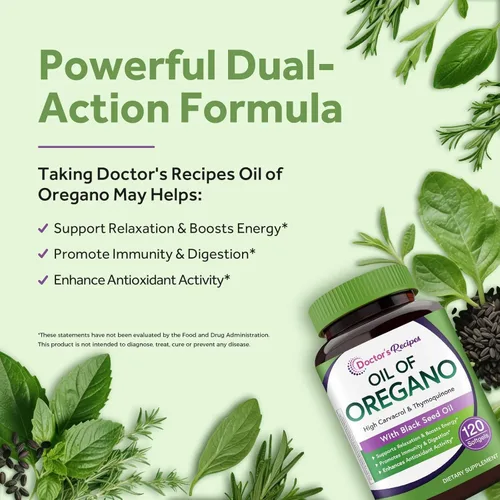 Vista 5 de Doctor's Recipes Aceite de orégano con aceite de semilla negra, 500 mg de extracto de aceite de orégano, sin OMG, suplemento herbario totalmente
