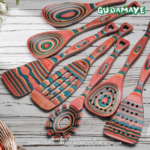 Vista 5 de Gudamaye Pakkawood - Juego de utensilios de cocina de madera de 7 piezas, cucharas de madera para cocinar, juego de utensilios de madera, cucharas