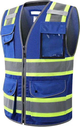 Vista 19 de JKSafety Chaleco de seguridad frontal con 9 bolsillos de alta visibilidad de doble color con cierre de cremallera MESH Lite Tira reflectante