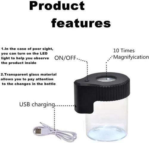 Vista 5 de Tarro de almacenamiento de vidrio transparente con sello LED, botella de vidrio ornamental con luz y aumento (Negro)