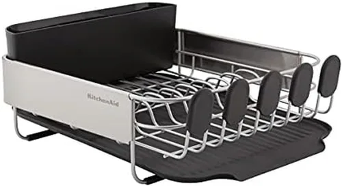 KitchenAid Escurridor de platos compacto, que ahorra espacio, resistente al óxido con organizador de cubiertos extraíble y bandeja de escurrido Negro