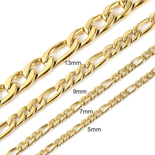 Vista 7 de Collar de acero inoxidable Hzman unisex bañado en oro de 24 K collar de acero inoxidable con cadena fígaro ancho de 5 7 9 y 13 mm