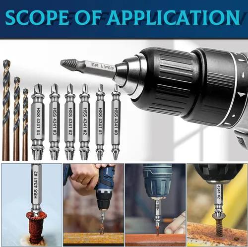 Vista 7 de DOAHO Juego de extractor de tornillos dañados de 9 piezas, kit de extractor de tornillos HSS 4341 de 6 piezas y kit de brocas de 3 piezas