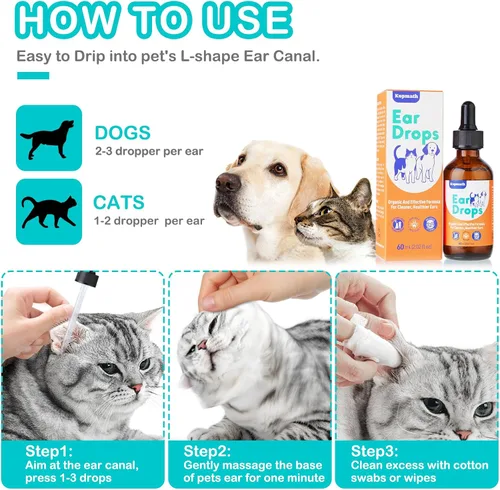 Vista 5 de Gotas limpiadoras de oídos para perros, tratamiento de infecciones de oídos para perros y gatos, solución natural de limpieza de oídos para orejas