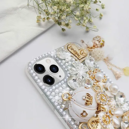 Vista 7 de Guppy Funda para iPhone 11 Pro Max para mujer de lujo 3D Bling brillante diamantes de imitación perla de cristal hecho a mano colgante de torre