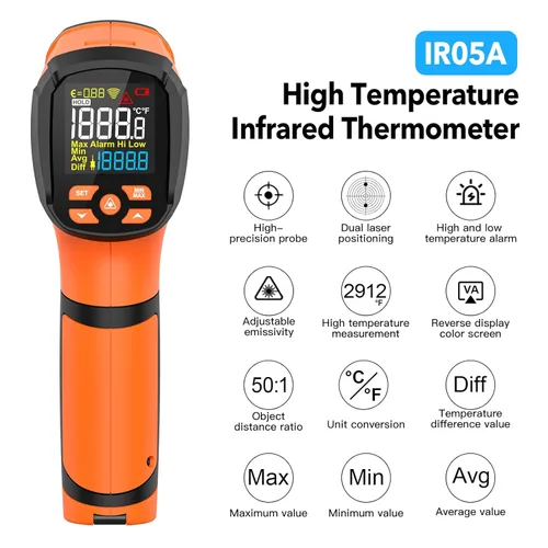 Vista 2 de Pistola de temperatura de termómetro infrarrojo, pirómetro de -40 ℉ ~ 2912 ℉, termómetro de alta temperatura 50:1 con sonda de termopar, termómetro