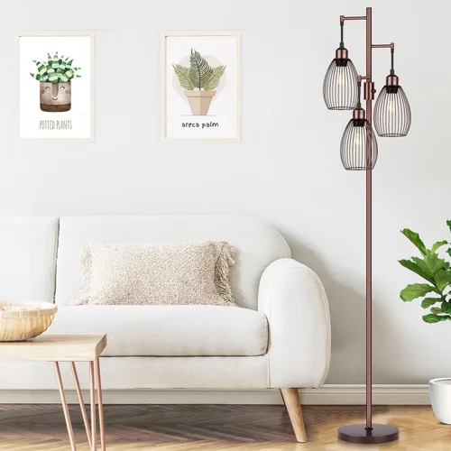 Vista 5 de Lámpara de pie regulable, 3 bombillas LED Edison de 800LM incluidas, lámpara de pie industrial de granja con elegante cabeza de jaula