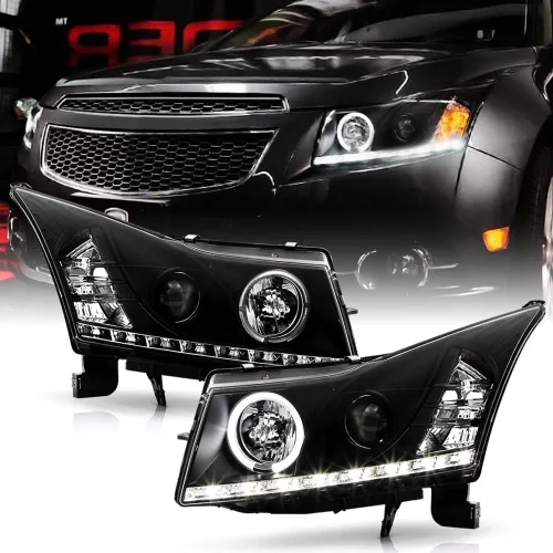 ACANII - Para Chevy Cruze 2011-2016 Tira LED DRL Halo Negro Carcasa Proyector Faros Faros Delanteros, Conductor y Pasajero