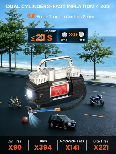 Vista 2 de GSPSCN Inflado 6 veces más rápido, bomba de compresor de aire portátil, doble cilindro, inflador de neumáticos resistente con luz LED, bomba de aire