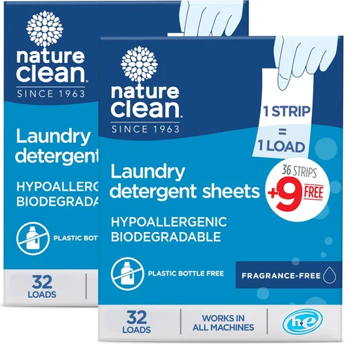 Nature Clean Láminas de detergente natural sin plástico, sin perfume, 64 unidades, no tóxicas, orgánicas, ecológicas, hipoalergénicas