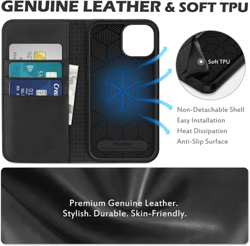Vista 8 de SHIELDON Funda para iPhone 13 Mini 5G, cartera de piel auténtica, cierre magnético, ranuras para tarjetas, función atril, funda de protección Negro