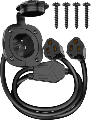 BEBOBLY Enchufe de puerto de CA de 15 amperios, enchufe de entrada de alimentación de 125 V con cubierta impermeable y cable de extensión dual