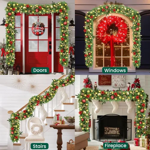 Vista 7 de Guirnalda de Navidad con luces, navideña, preiluminada, de 9 pies, funciona con pilas, corona con piñas, bayas rojas, artificial, para mantel