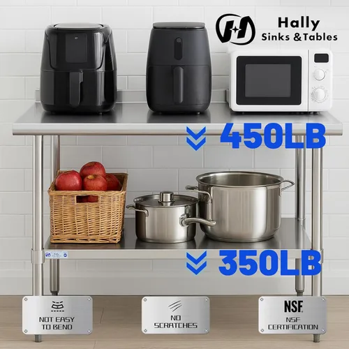 Vista 5 de Hally - Mesa de trabajo y preparación de acero inoxidable, mesa comercial de gran resistencia con estante inferior y salpicadero para restaurante