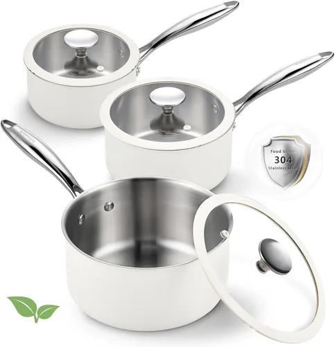 Vista 10 de Cacerola de acero inoxidable de tres capas de 1.5 cuartos de galón con tapa de vidrio, sartén de inducción compatible con todas las estufas, olla