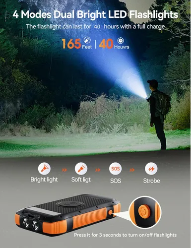Vista 7 de Cargador solar, cargador portátil inalámbrico de 40000 mAh, QC3.0 PD de 20 W, carga rápida con entrada USB-C, batería externa con linternas duales